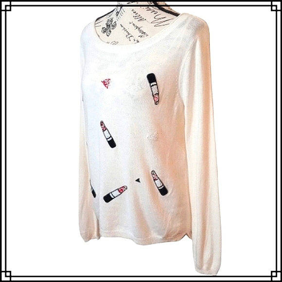 Naf Naf Novelty Lipstick Crew Neck Angora Blend Sweater Size Large - Picture 4 of 11